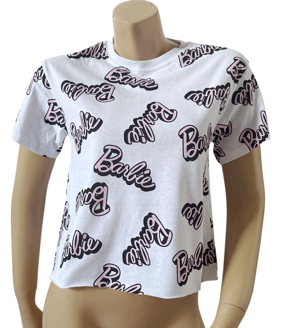 Barbie Mattel T Shirt Womens XS White Pink Logo Print Crop Top Short Sleeve
